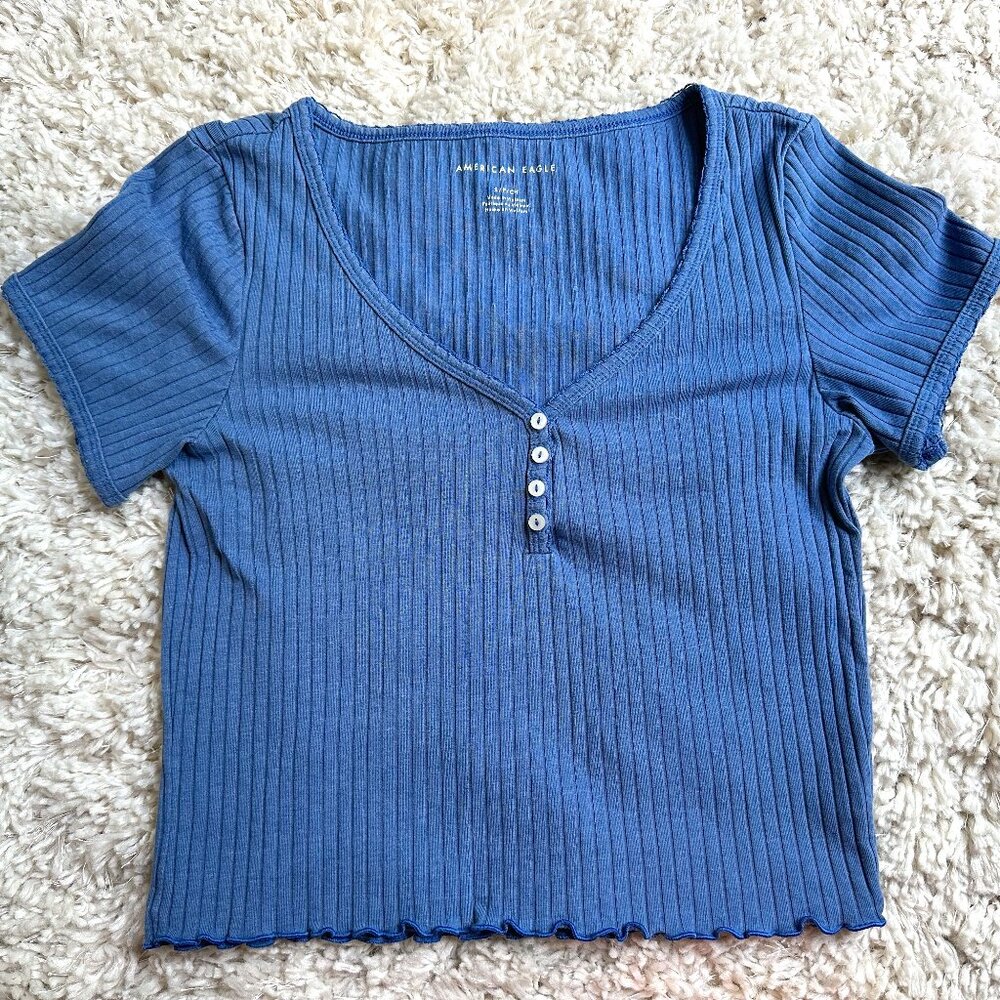 American Eagle Women's Blue Short Sleeve Ribbed T-Shirt